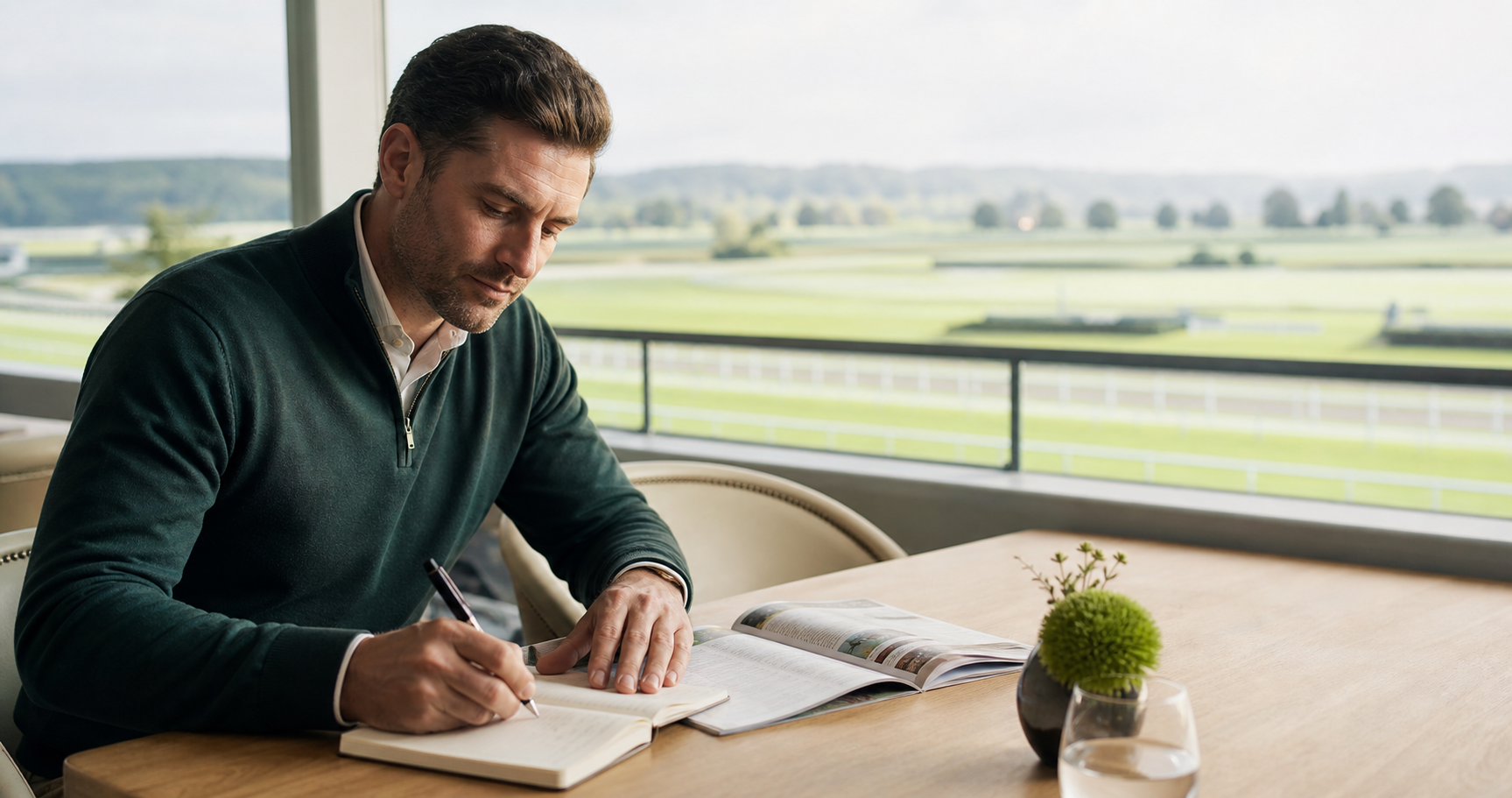 A racegoer calmly planning a personal entertainment budget